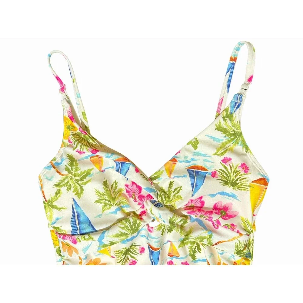 Old Navy Tropical One Piece Swimsuit Palm Floral Back Cut Out Adjustable Strap M